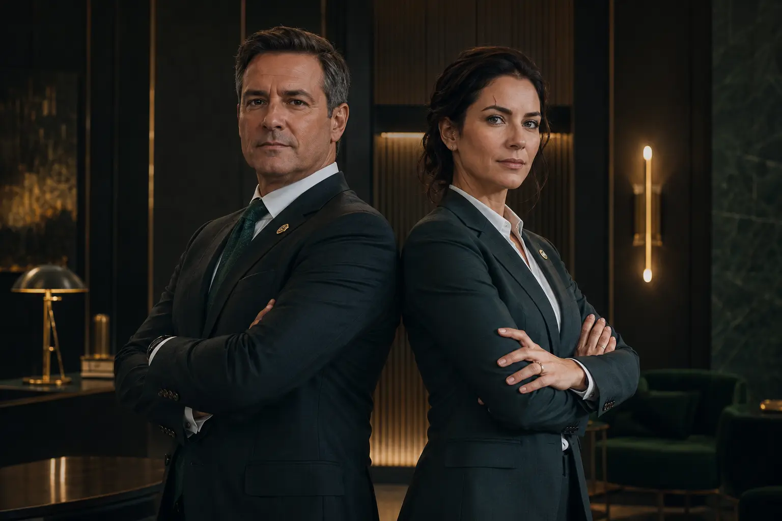 Manny and Mandy, the IMPollez executive managers, standing back to back with arms crossed as equal partners